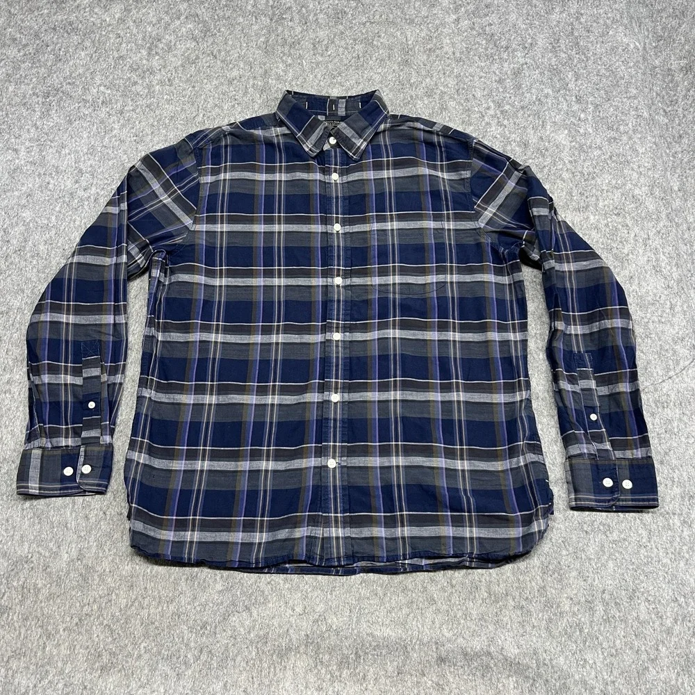 Banana Republic Shirt Mens Large Blue Plaid Linen Organic Cotton Untucked Button